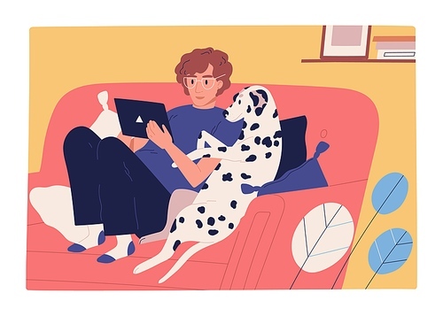 Focused guy and dog sit on couch use tablet vector flat illustration. Male owner and domestic animal watching entertainment video or surfing internet isolated. Man and pet spending time together.