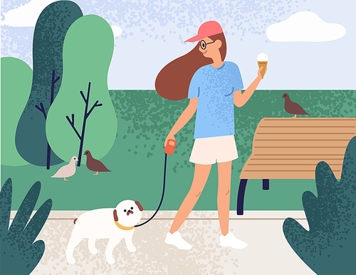 Happy girl holding ice cream walking with dog at summer park vector flat illustration. Joyful owner and domestic animal enjoying promenade outdoor. Cheerful female and pet spending time together.