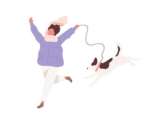 Happy girl in warm clothes running with funny dog vector flat illustration. Joyful female in scarf enjoying walking at spring or autumn season isolated on white. Woman and pet having fun together.