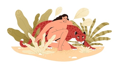 Wilderness naked woman hug jaguar at tropical bushes vector flat illustration. Predator and human together isolated. Contemporary concept of wild female nature, environment protection