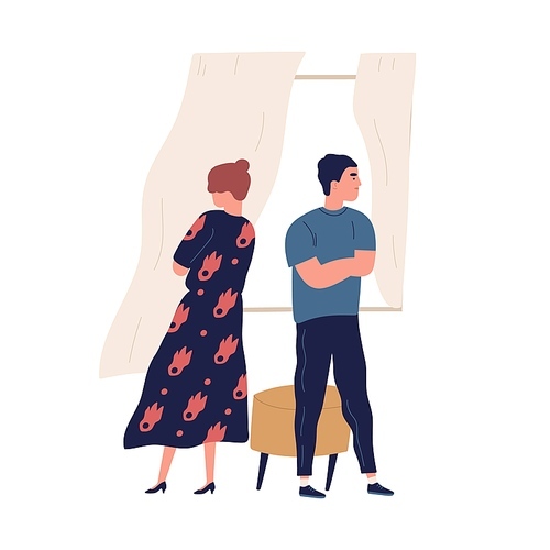 Annoyed couple standing back to back with crossed arms. Scene of family breakup or conflict. Offended husband and wife with difficulties in relation. Flat vector cartoon illustration isolated on white