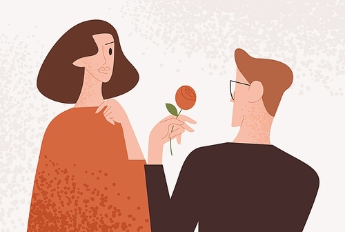 Man admirer giving red rose to attractive woman vector flat illustration. Enamored guy making present to lovely female. Couple enjoying romantic date isolated. People feeling love and tenderness.