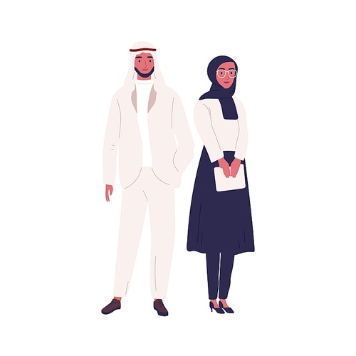 Muslim couple of arabian people wearing traditional modern outfit. Woman in hijab holding tablet. Saudi or uae man in oriental clothes and kufiya. Flat vector cartoon illustration isolated on white.