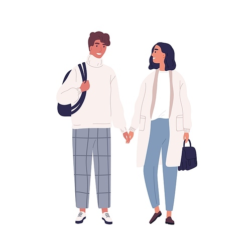 Walking happy modern young people. Couple in love, holding hands and looking at each other. Romantic stylish woman and man in casual warm clothes. Flat vector cartoon illustration isolated on white.