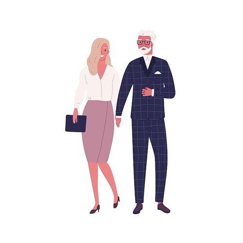 Modern elderly couple holding hands and walking together. Stylish woman and man in love, wearing trendy formal dress and costume. Flat vector cartoon illustration isolated on white .