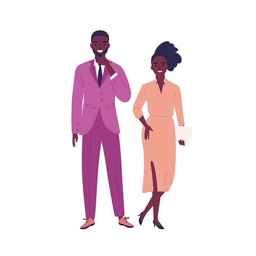 modern young dark skin couple wearing formal official outfit. stylish woman, holding papers, and man posing in pink costume. flat vector cartoon illustration isolated on .