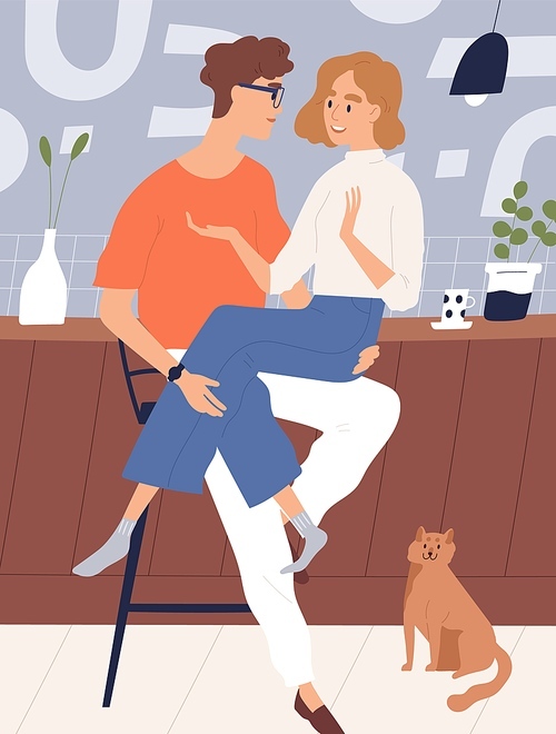 Happy young couple at kitchen sitting together vector flat illustration. Smiling guy hugging funny girl feeling love and tenderness. People talking spending time together at home cuisine interior.
