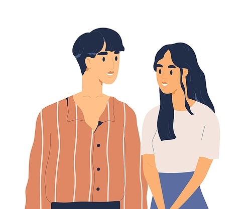 Young adults or teenage people looking at each other. Couple of smiling asian woman and man in love standing together. Flat vector cartoon illustration portrait isolated on white .