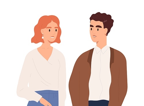 Young couple having friendly conversation vector flat illustration. Smiling man and woman talking together isolated on white. Portrait of happy people looking to each other enjoying communication.