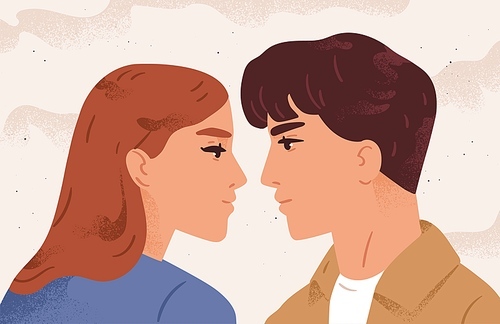 Portrait of couple looking to each other having fondness vector flat illustration. Face profile of enamored man and woman before kiss. Romantic scene of pair. Concept of feeling, love and tenderness.