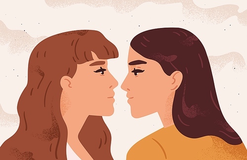 Female characters looking at each other. Portrait of lesbian couple in love. Concept of female tenderness and passion. LGBT romantic relationship in flat vector cartoon illustration.