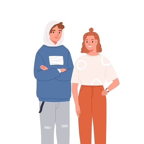 Smiling modern teenagers pair vector flat illustration. Happy trendy young guy and girl standing together isolated on white . Joyful couple in modern clothes.
