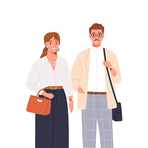Stylish happy man and woman standing together vector flat illustration. Smiling couple or colleagues in trendy outfit isolated on white. Portrait of people posing in classy clothes and accessories.