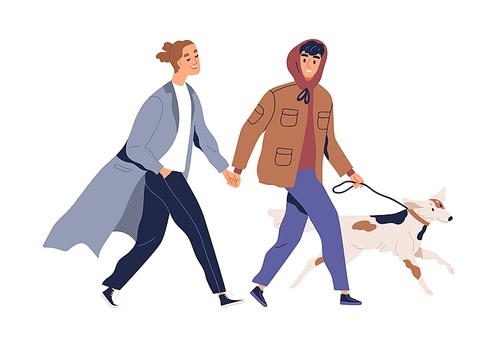 Homosexual male couple holding hands walking with dog vector flat illustration. Two guys smiling spending time together feeling love isolated on white. Enamored man pet owners enjoying promenade.