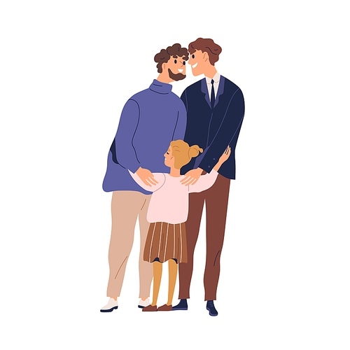 Happy lgbt family hugging and feeling love vector flat illustration. Gay couple with kid. Two enamored fathers cuddle little cute daughter isolated. Smiling homosexual man and girl standing together.