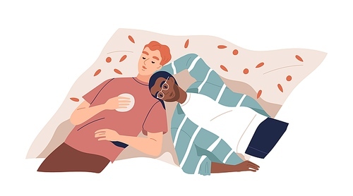 Multiracial lgbt couple lying on plaid vector flat illustration. Happy enamored gay family relaxing and dreaming, spending time together isolated. Modern homosexual pair enjoying recreation top view.