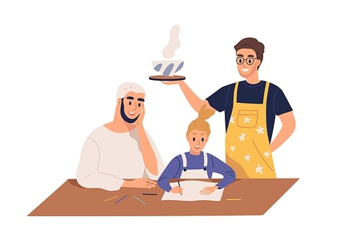 Happy homosexual family spending time together vector flat cartoon illustration. Father bring hot dinner to daughter isolated on white. Little girl drawing picture with male parents.