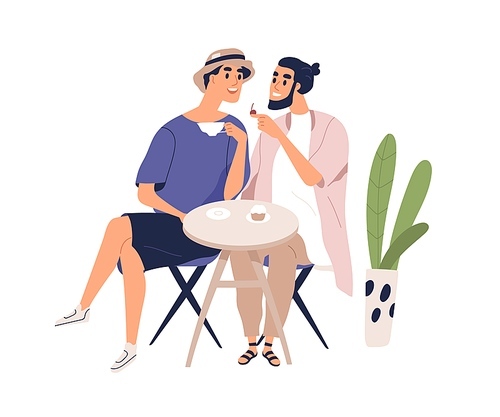 Smiling homosexual couple sit at table in cafe enjoy romantic meeting vector flat illustration. Male pair talk, drink coffee and eat dessert together isolated. Boyfriends spending time at cafeteria.