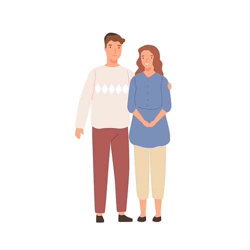 Smiling jewish couple standing together vector flat illustration. Happy family hugging having positive emotion isolated on white . Joyful modern jew husband and wife.