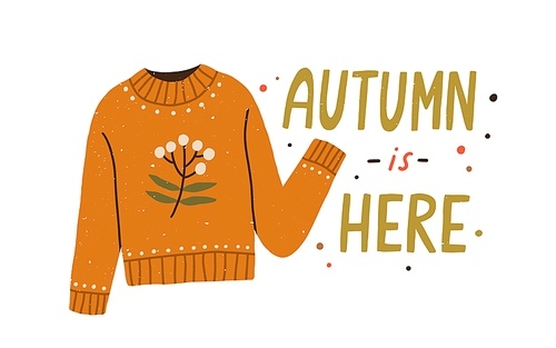 Autumn is here colorful lettering composition with warm knitted sweater vector flat illustration. Creative seasonal fall clothes decorated by branch with leaves and berries isolated on white.