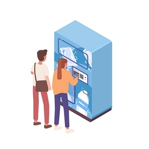 Couple buying water in automatic vending machine vector isometric illustration. Male and female paying for refreshing beverage at public apparatus isolated. Girl and boy use self service technology.
