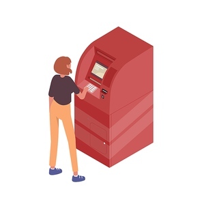 Teenage girl use ATM terminal vector isometric illustration. Modern female standing near machine for withdrawal cash or financial transaction isolated. Automatic money dispenser with banking service.