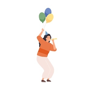 Festive woman in cone hat holding colorful air balloons vector flat illustration. Female blowing in party whistle tube having fun celebrating holiday isolated. Congrats to birthday or anniversary.