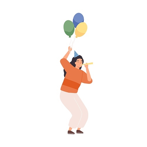 Festive woman in cone hat holding colorful air balloons vector flat illustration. Female blowing in party whistle tube having fun celebrating holiday isolated. Congrats to birthday or anniversary.