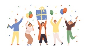 Group of happy people raising hands celebrating holiday with colorful confetti vector flat illustration. Woman hold gift box having fun with friends isolated. Person with balloons and champagne.