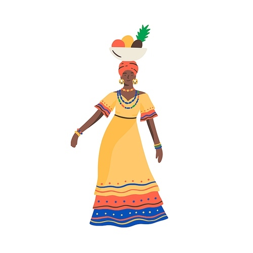 Dark skin Cuban woman dancing with bowl full of exotic fruits on head vector flat illustration. Female traditional Cuba clothes isolated. Ethnic tropical person in colorful dress and accessories.