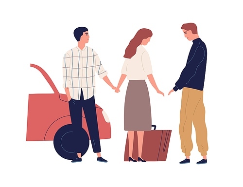 Betrayed husband saying goodbye wife going to another man vector flat illustration. Female with suitcase leave unhappy male isolated on white. Concept of love triangle and family destruction.