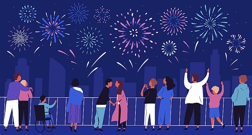 Crowd of people admiring celebratory fireworks at night cityscape vector flat illustration. Citizens of megapolis contemplating festive pyrotechnics show. Man, woman and children at urban holiday.