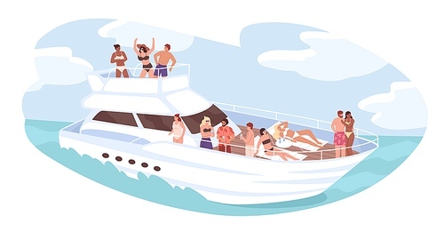 Group of diverse people relaxing on cruise yacht at ocean vector illustration. Man and woman dancing, sunbathing, drinking cocktails isolated. Friends resting on ship. Concept of travel and vacation.