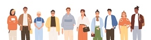 Group of friendly diverse people standing together vector flat illustration. Men and women of various ages posing isolated on white. Happy old and young generations characters. Social diversity.