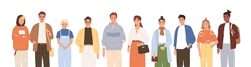 Group of friendly diverse people standing together vector flat illustration. Men and women of various ages posing isolated on white. Happy old and young generations characters. Social diversity.