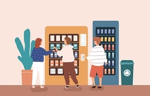 Children buying snack and beverage at vending machine vector flat illustration. Group of kids choosing and paying junk food or sweet isolated. Friends use modern self service interactive kiosk.