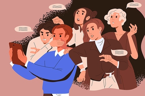 Bullying crowd of people who meddle, disturb and give unasked, unbidden advice. Woman shoves man with tablet. Concept of public meddlesome comment in media networks. Flat vector cartoon illustration.