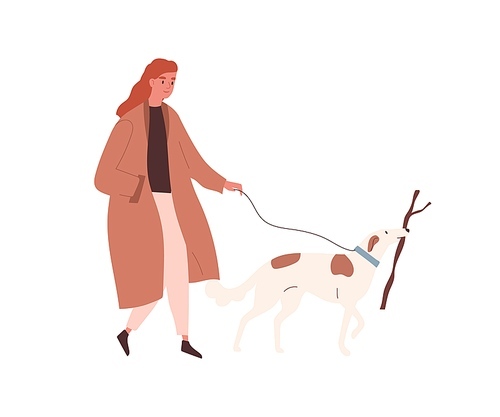 Woman in autumn coat walking with pet on leash vector flat illustration. Female strolling on street with playful dog carrying stick isolated. Adorable domestic animal owner enjoy outdoor activity.