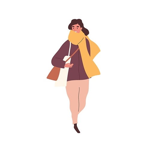Trendy woman in scarf carrying bags walking outdoor vector flat illustration. Female with shopping bag going on street isolated on white. Stylish person in seasonal autumn outfit holding purchase.