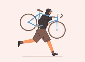 Male carrying broken bike to repair service vector flat illustration. Criminal guy in cap running with raising up bicycle during robbery isolated on white . Man in hoodie stealing vehicle.