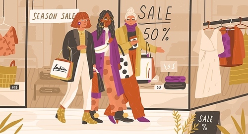 Shopaholic women friends walking near store showcase with coffee cup and shopping bags vector flat illustration. Trendy female characters spending time together during big sale or discount season.