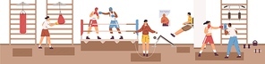 Sports man and woman exercising at box club vector flat illustration. Diverse people in boxer gloves practicing fight each other on arena ring or punching bag. Person training at gym.