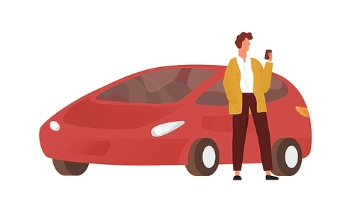 Modern guy use smartphone standing near red car vector flat illustration. Male character chatting on mobile posing with automobile isolated on white. Man using phone application outdoor.