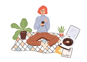 Modern girl, woman in comfy, hygge homewear chatting, listen music records on turntable at home. Online communication, surfing internet. Flat vector cartoon illustration isolated on white .