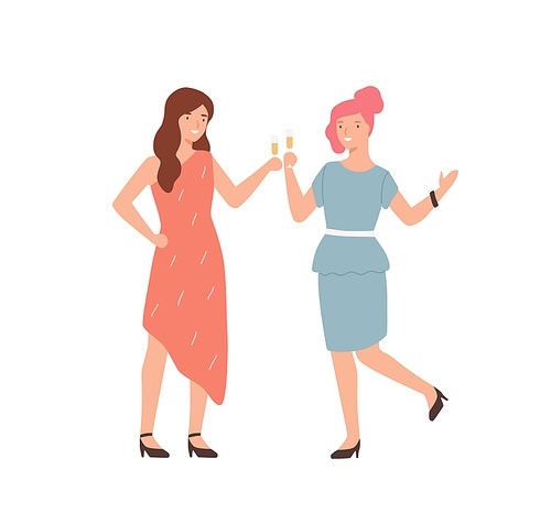 Two smiling female clinking glasses at corporate party vector flat illustration. Stylish young woman having fun together isolated on white. Colorful girl colleagues dancing and drinking champagne.