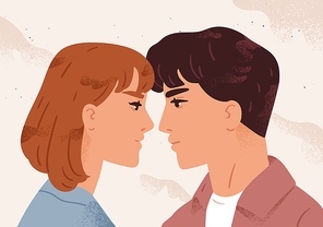 Man and woman looking to each other feeling love vector flat illustration. Enamored couple before first kiss. Profile face of male and female at romantic date. Passion and relationship concept.