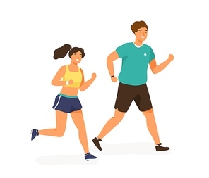 Cute jogging couple dressed in sportswear. Happy man and woman running outdoor together. Sport activity, healthy lifestyle. Warm up before training. Flat vector cartoon illustration isolated on white.