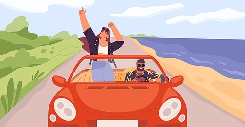 Young trendy happy hipster couple in love having trip along country road by red cabriolet. Laughing dancing stylish girl and driving boy at summertime vacation in flat vector cartoon illustration.