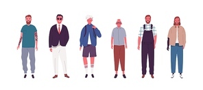 Set of modern male person different ages vector flat illustration. Collection of various man - teenager, old, hipster, fashionable, disabled, casual isolated. Social diversity or community member.