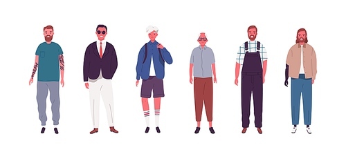 Set of modern male person different ages vector flat illustration. Collection of various man - teenager, old, hipster, fashionable, disabled, casual isolated. Social diversity or community member.